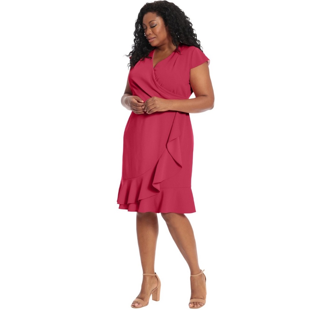 London Times Fuchsia Ruffle Midi Dress